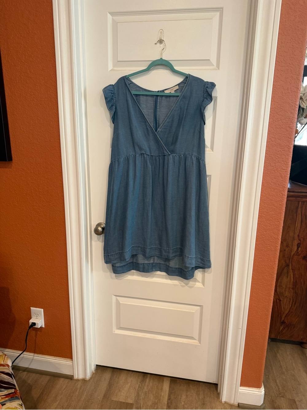 LOFT Chambray Blue V-Neck Tunic with Ruffled Cap Sleeves